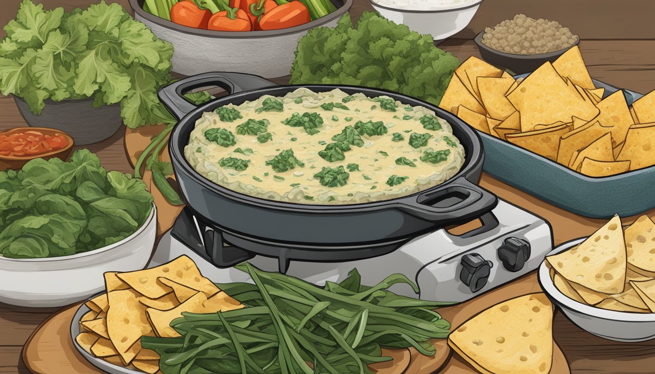 A rustic table spread with a skillet of bubbling spinach and artichoke dip, surrounded by tortilla chips and fresh vegetables