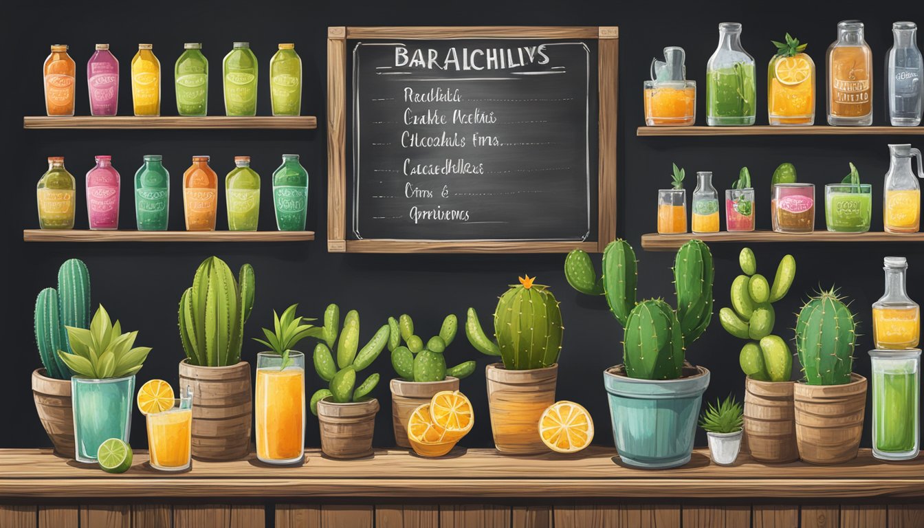 A rustic wooden bar with shelves of various non-alcoholic mixers, fresh citrus fruits, and decorative cactus plants. A chalkboard sign lists mocktail options