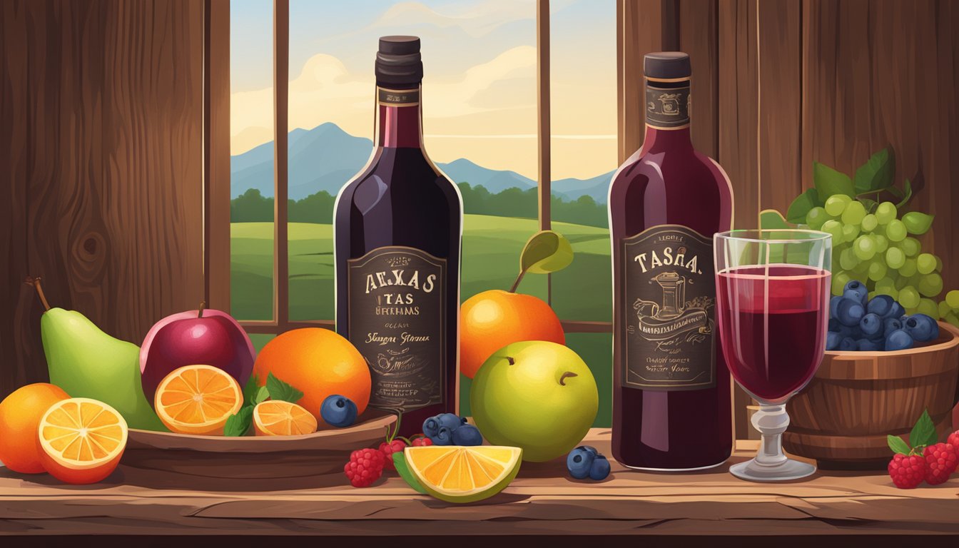 A rustic wooden table adorned with a pitcher of deep red Texas-style sangria, surrounded by fresh sliced fruits and a bottle of red wine