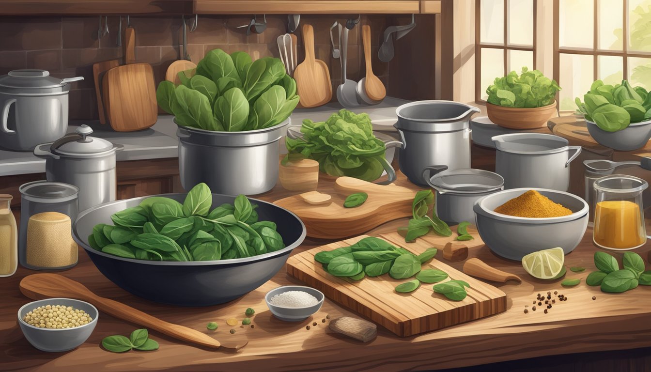 A rustic kitchen with a wooden cutting board, fresh spinach and artichokes, a mixing bowl, and various spices and ingredients scattered around