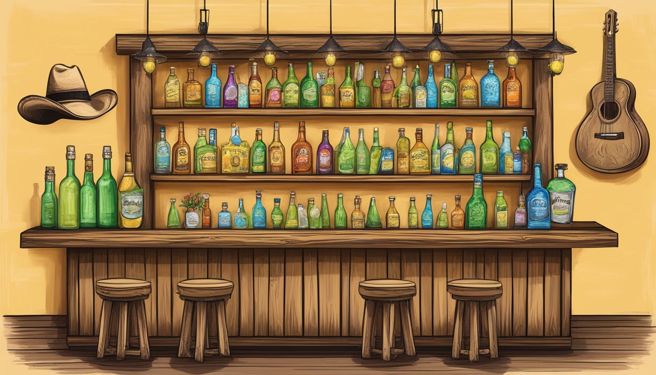 A rustic wooden bar adorned with colorful bottles of tequila, fresh limes, and salt rims. A cowboy hat hangs on the wall next to a chalkboard sign listing margarita flavors