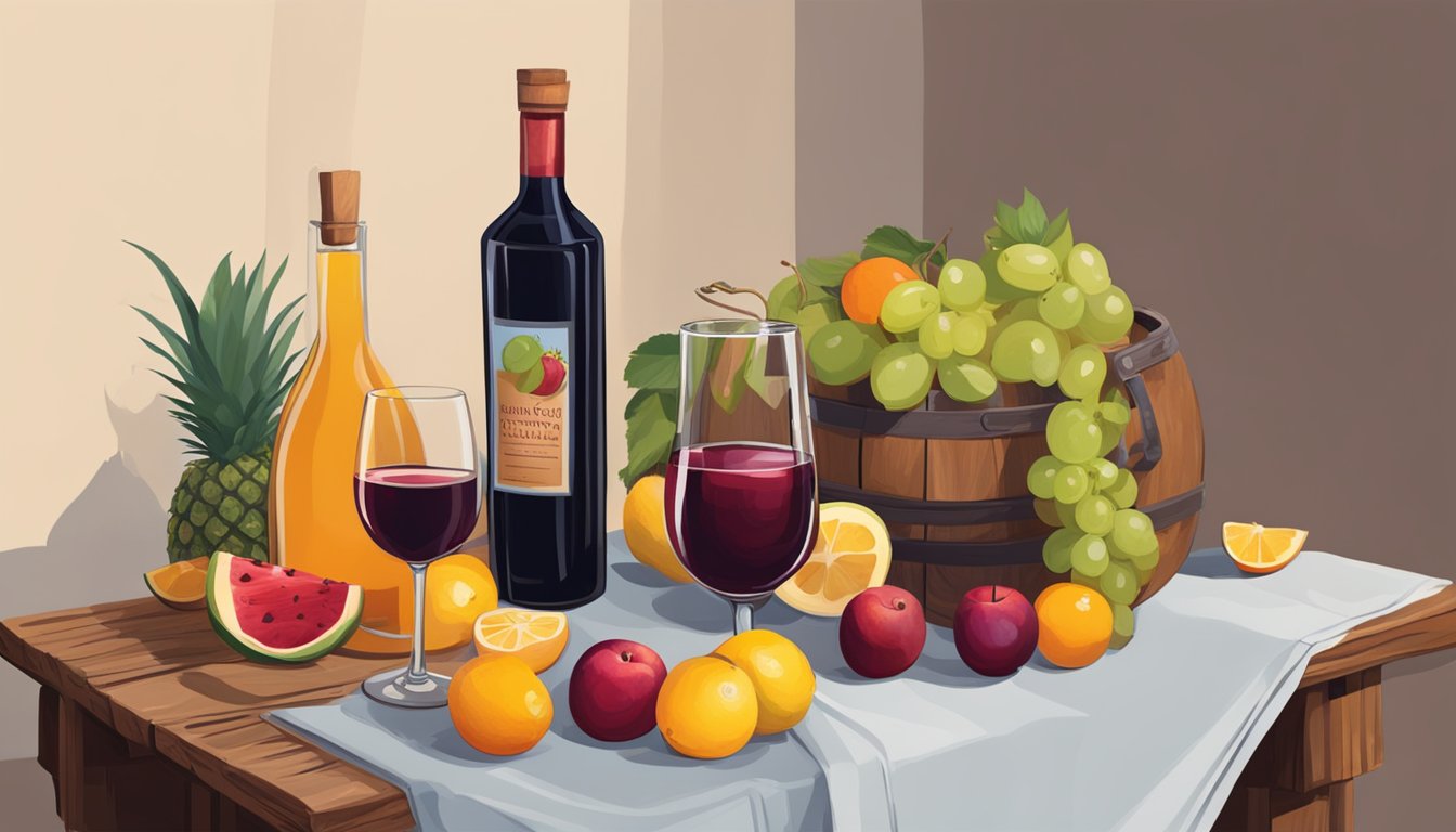 A rustic wooden table adorned with fresh fruits, a bottle of red wine, and a pitcher filled with Texas-style sangria