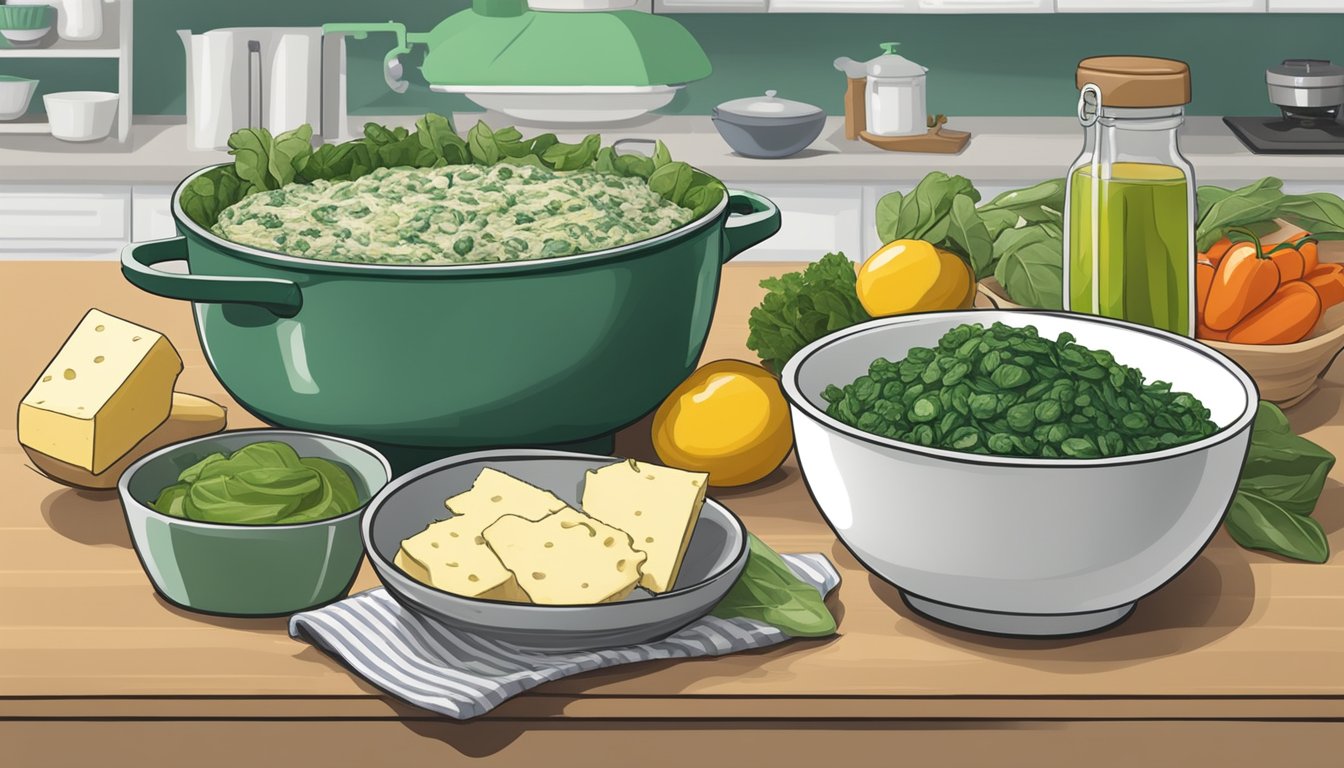 A kitchen counter with ingredients for Texas-style spinach and artichoke dip, including spinach, artichokes, cheese, and a mixing bowl