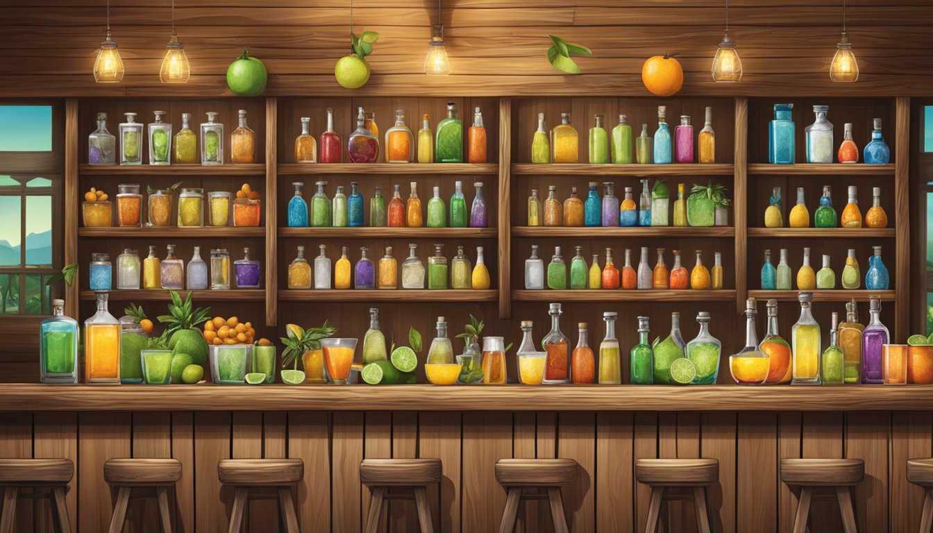 A rustic wooden bar with shelves of tequila bottles, margarita glasses, and a variety of colorful citrus fruits and mixers