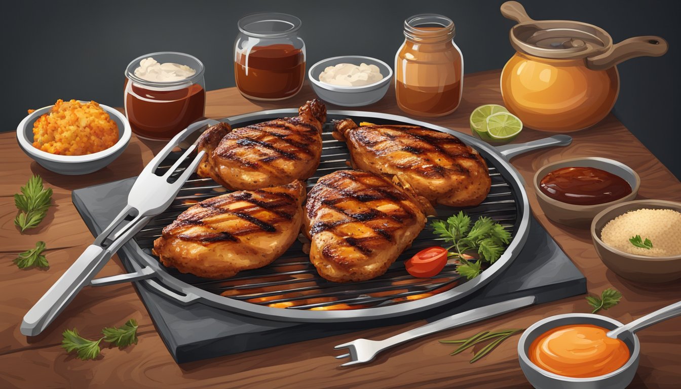 A grill with a sizzling chicken breast, surrounded by BBQ sauce, tongs, and various spices on a wooden table