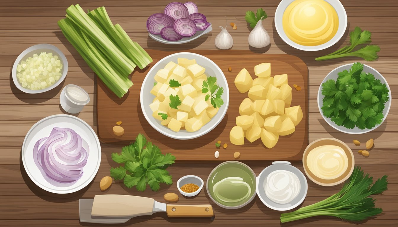 A wooden cutting board with diced potatoes, onions, and celery, a bowl of mayonnaise, mustard, and vinegar, and a selection of spices and herbs