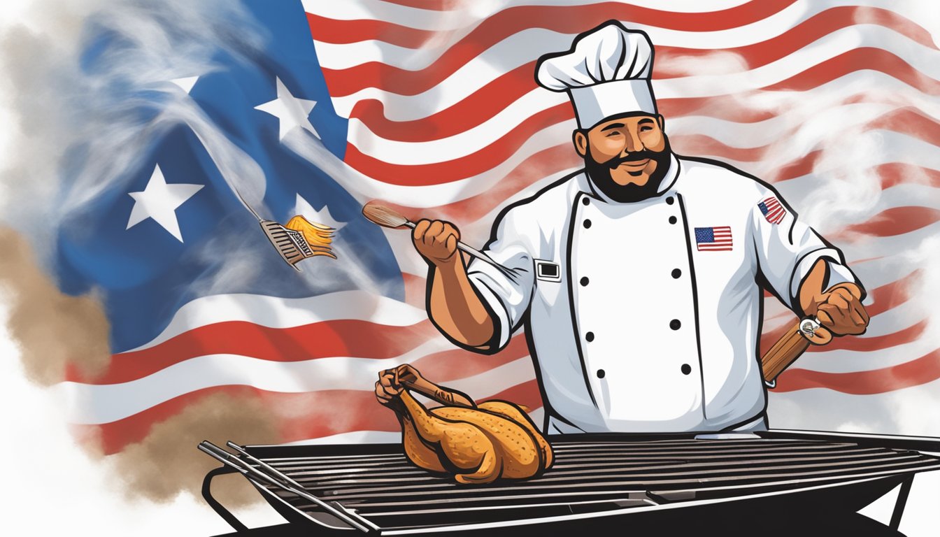 A chef grilling chicken over a smoky barbecue pit, with a Lone Star State flag waving in the background