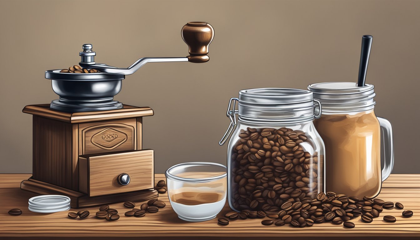 A rustic wooden table with a mason jar filled with iced coffee, a coffee grinder, and a bag of freshly ground Texas coffee beans