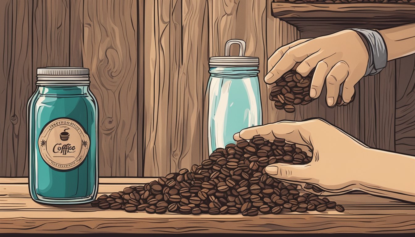 A hand reaching for a bag of coffee beans on a rustic wooden shelf, next to a mason jar filled with ice and a bottle of syrup