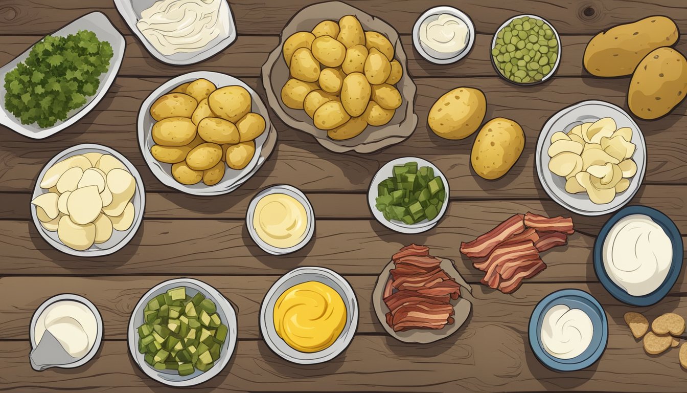 A rustic wooden table with ingredients like potatoes, mayonnaise, mustard, pickles, and bacon laid out for making Texas-style potato salad