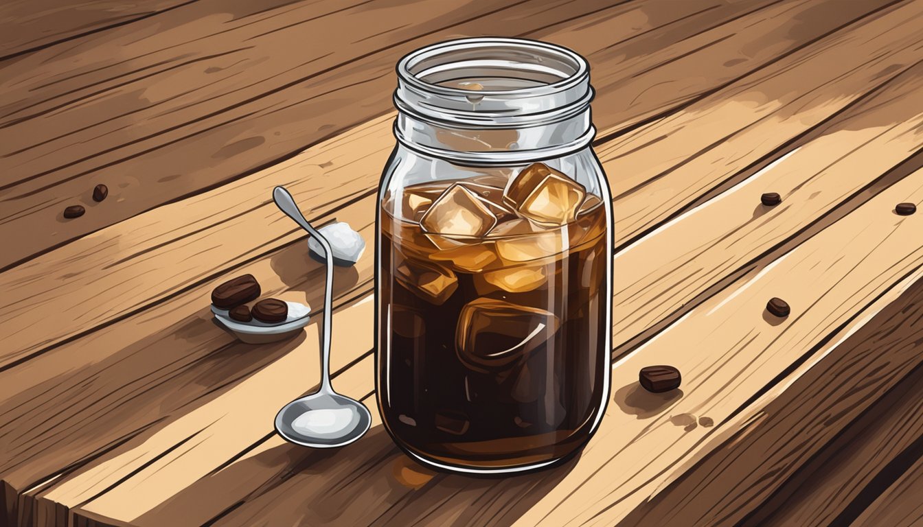 A mason jar filled with cold brew coffee, ice cubes, and a splash of cream, sitting on a rustic wooden table