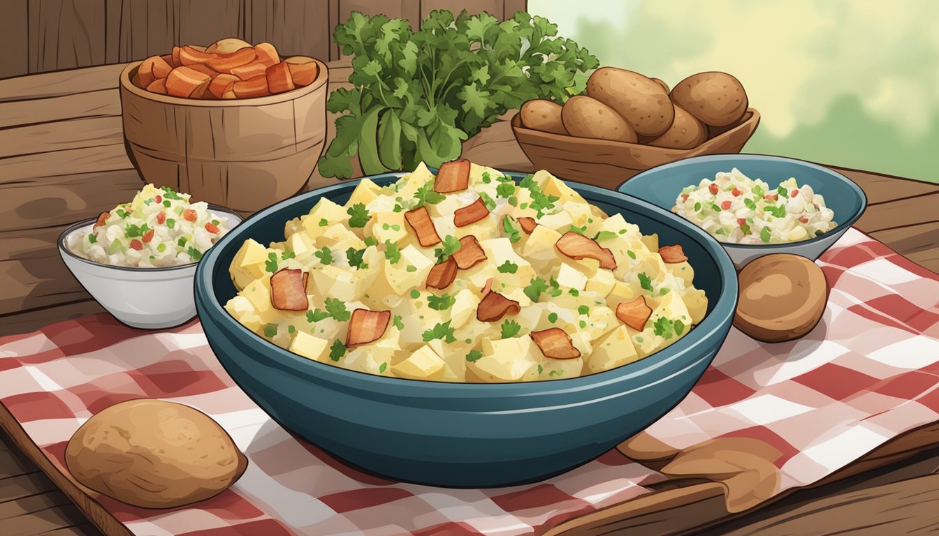 A rustic wooden table with a checkered tablecloth, adorned with a bowl of Texas-style potato salad, surrounded by fresh ingredients like potatoes, onions, and bacon