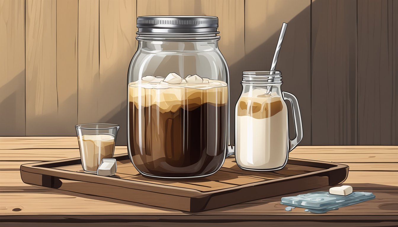 A mason jar filled with iced coffee concentrate sits next to a pitcher of milk, a bottle of vanilla syrup, and a tray of ice cubes on a rustic wooden table