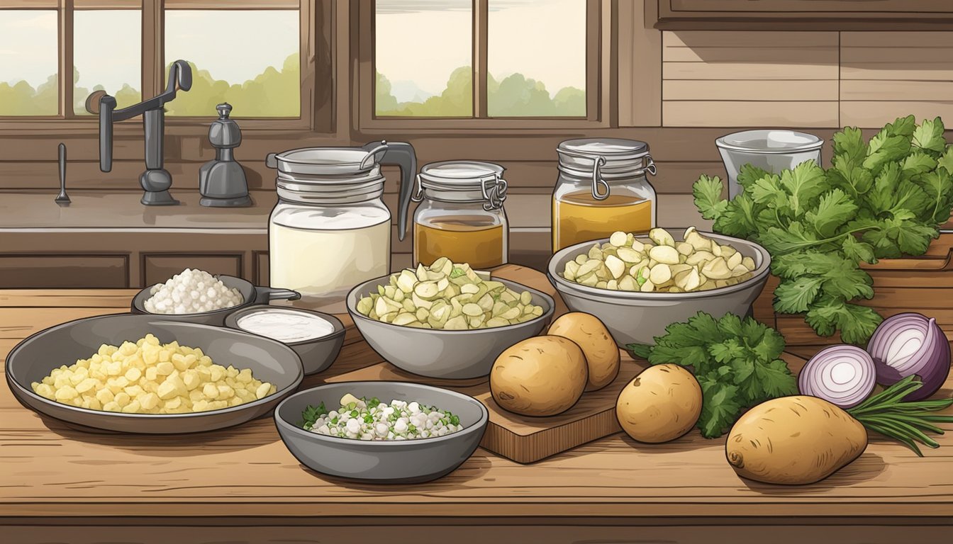 A rustic kitchen counter with ingredients and utensils for making Texas-style potato salad. Onions, potatoes, mayonnaise, and spices are laid out