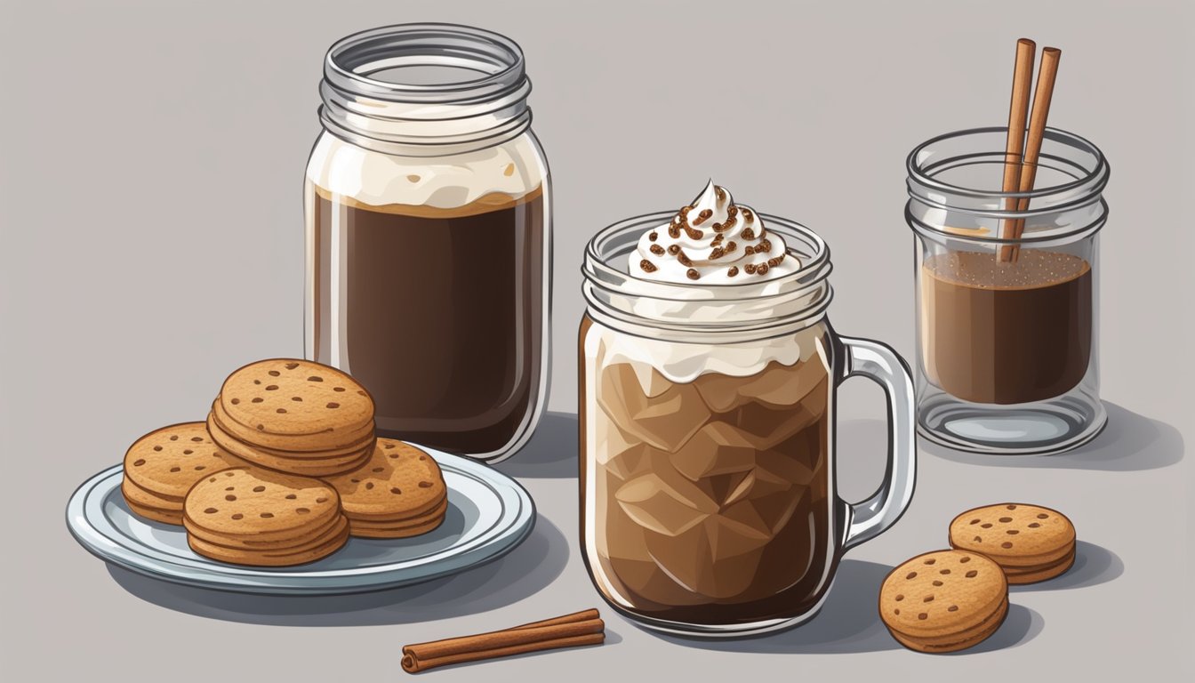 A mason jar filled with iced coffee, topped with whipped cream and a sprinkle of cinnamon, next to a plate of homemade biscuits