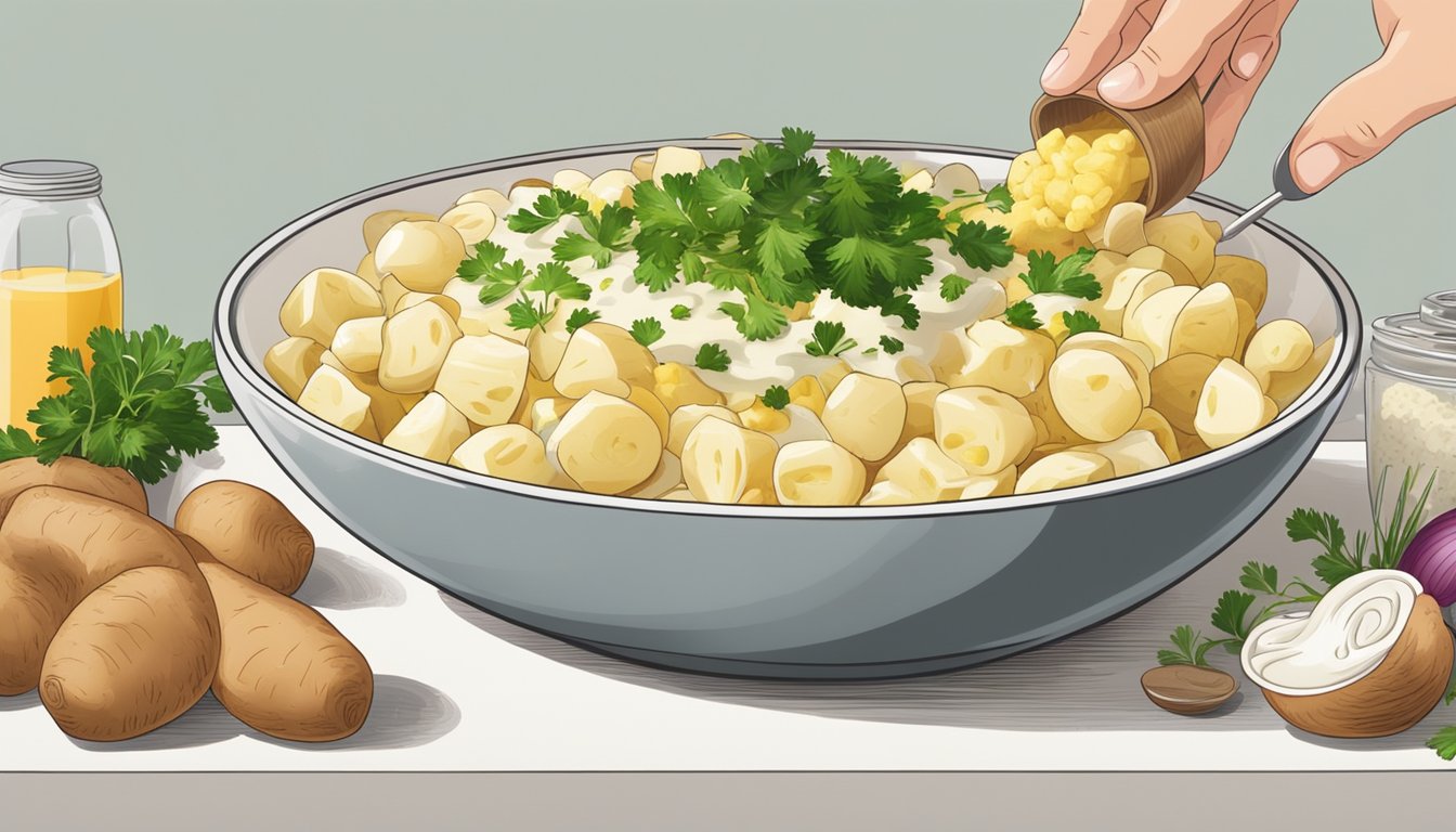 A chef mixing together diced potatoes, onions, pickles, and mayonnaise in a large bowl, adding in a sprinkle of paprika and fresh parsley