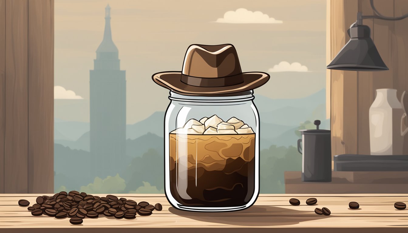 A mason jar filled with iced coffee, surrounded by coffee beans and a cowboy hat on a rustic wooden table