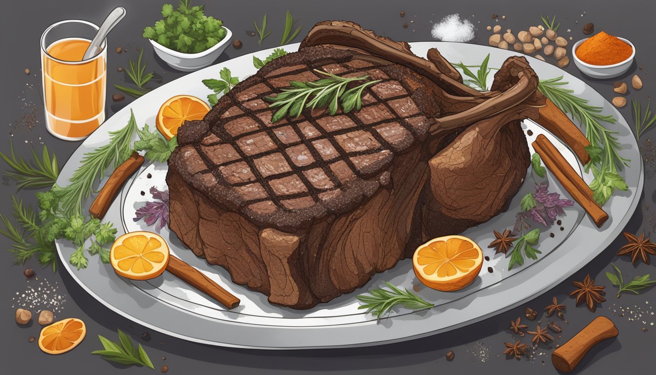 A seasoned prime rib roast sizzling on a hot grill, surrounded by aromatic herbs and spices, with smoke rising from the meat