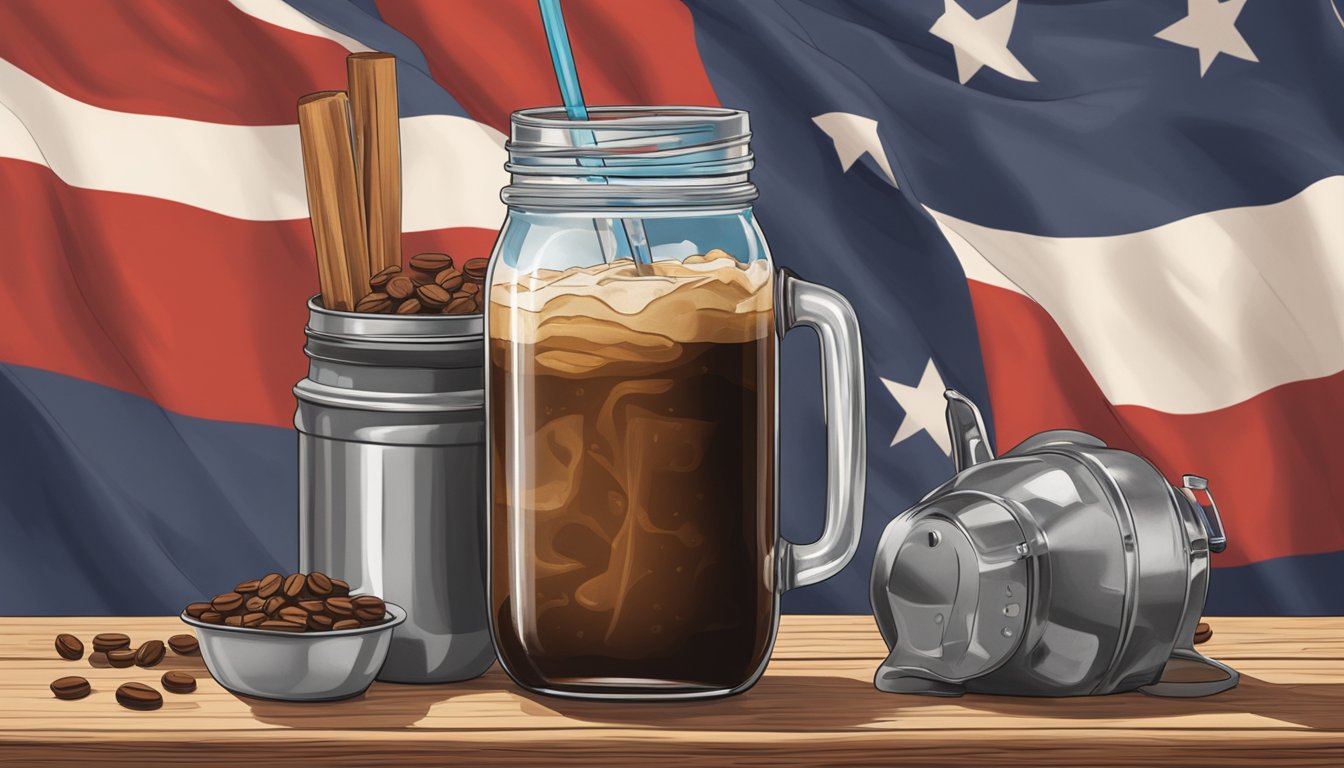 A rustic mason jar filled with iced coffee sits on a wooden table with a Texas flag draped in the background. A coffee pot and various brewing equipment are scattered around