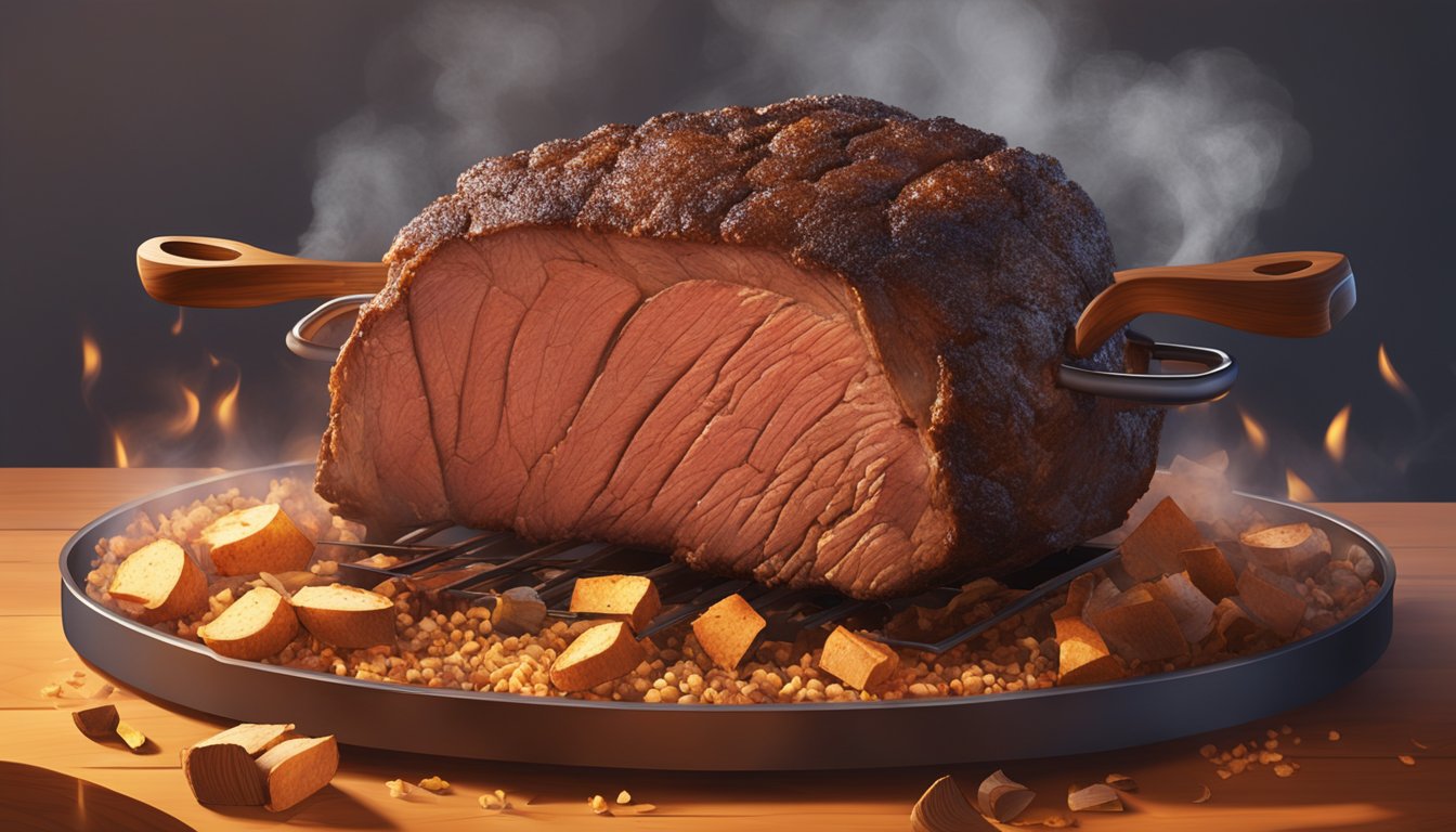 A sizzling prime rib roast cooks in a Texas-style barbecue pit, surrounded by smoky wood chips and glowing embers