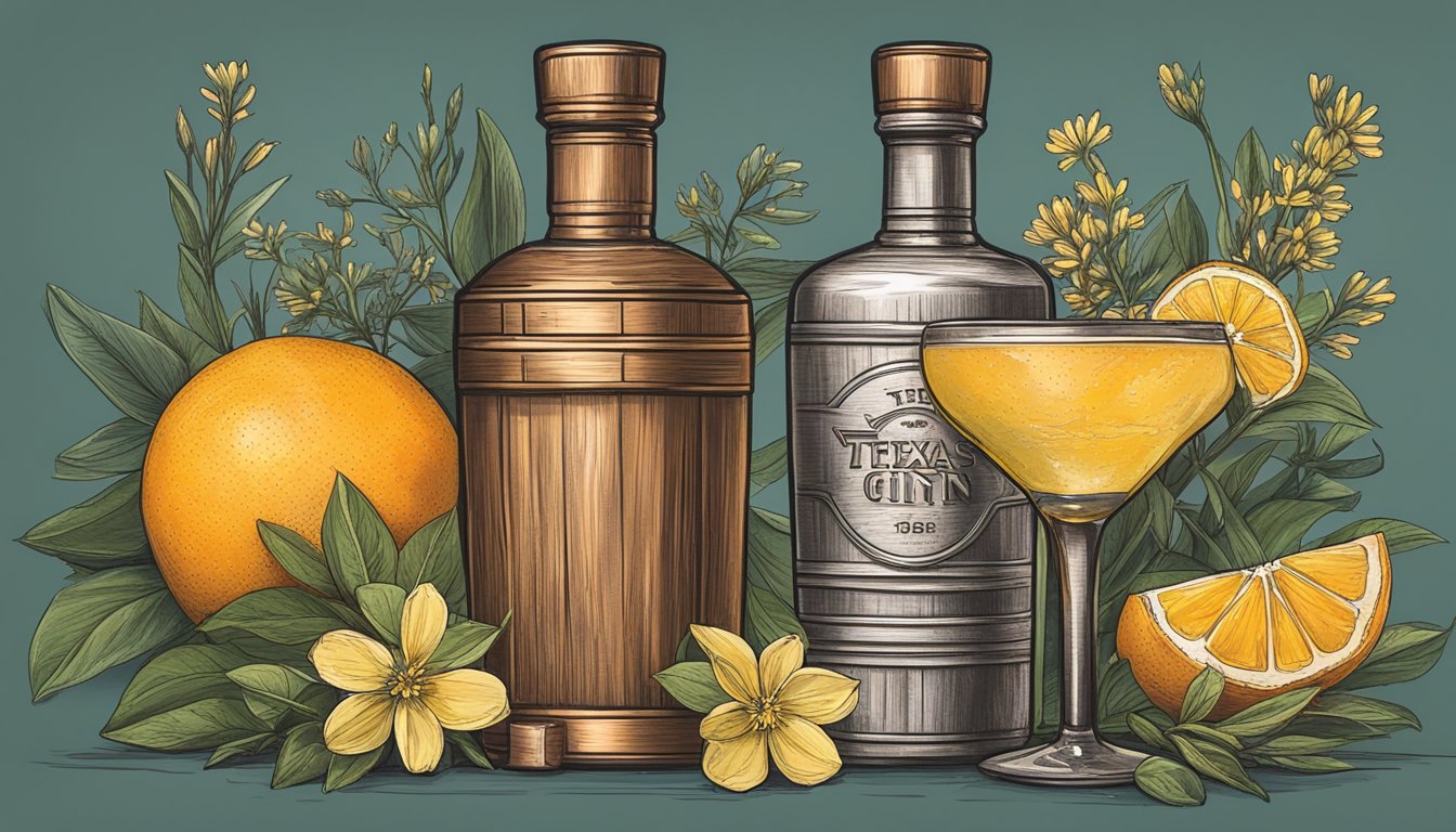 A rustic wooden bar with a copper cocktail shaker, fresh citrus, and a bottle of Texas gin surrounded by native Texan wildflowers