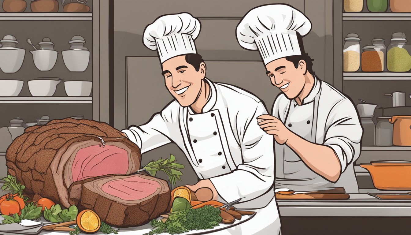 A chef seasoning a prime rib roast with Texas-style spices