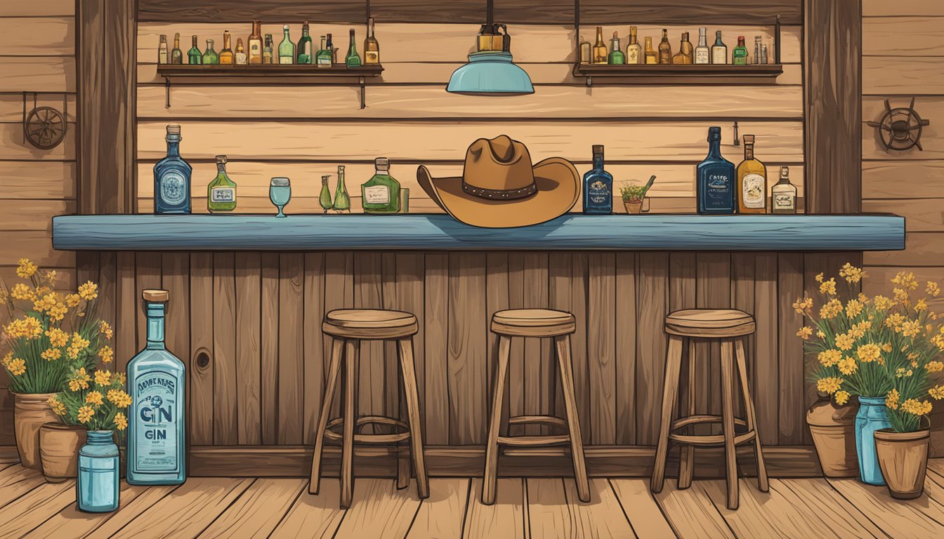 A rustic wooden bar with a cowboy hat hanging on the wall, surrounded by Texas wildflowers and a bottle of local gin