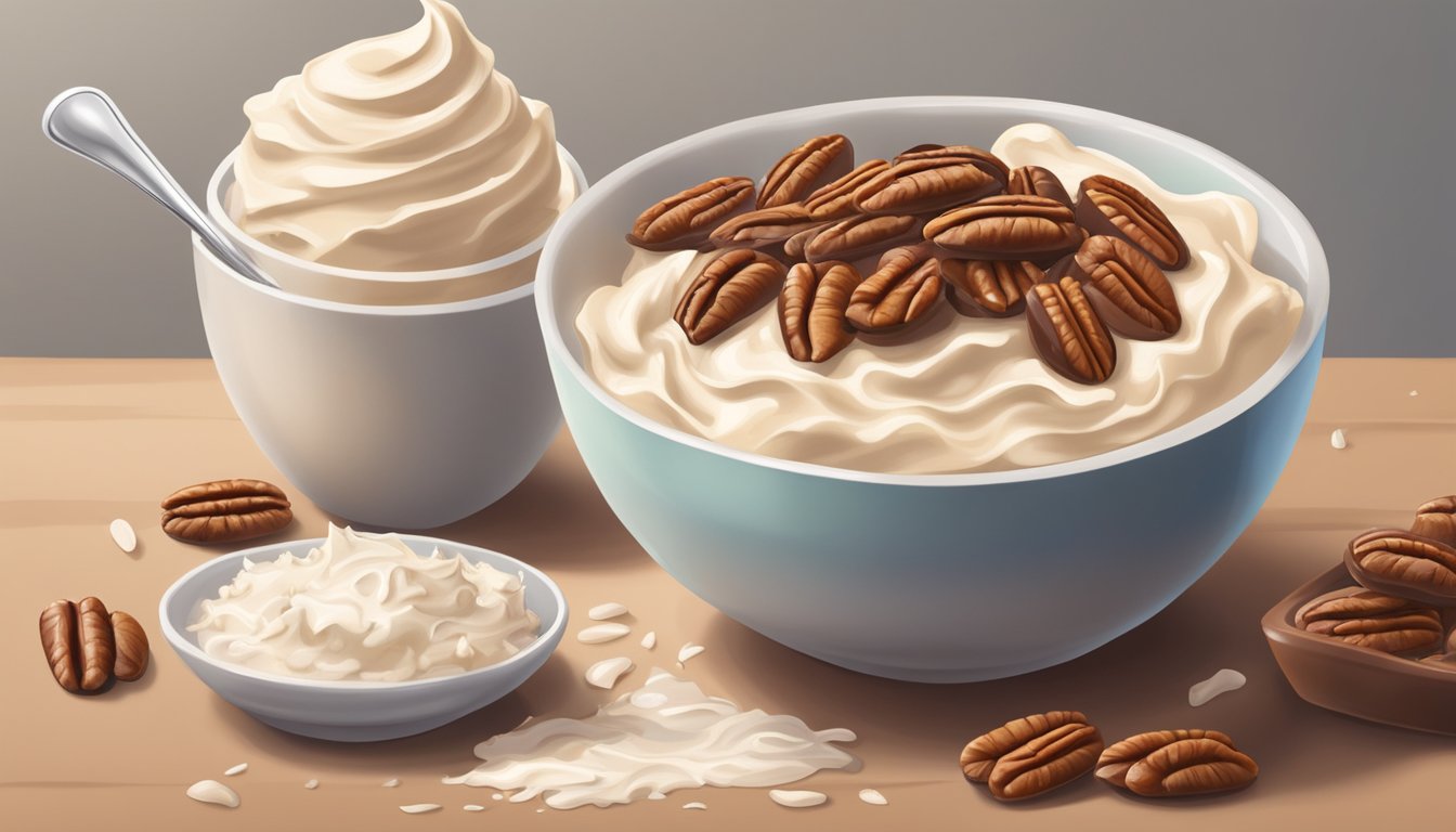 A bowl of melted chocolate, coconut, and pecans being stirred into a creamy frosting