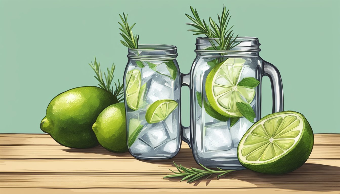 A rustic wooden table with a mason jar filled with gin and tonic, garnished with a sprig of rosemary and a slice of fresh lime