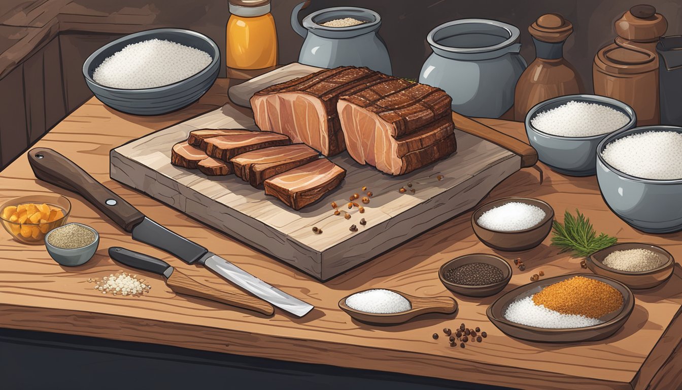 A rustic kitchen counter with a slab of pork belly, surrounded by bowls of salt, sugar, and spices. A chef's knife and cutting board sit nearby