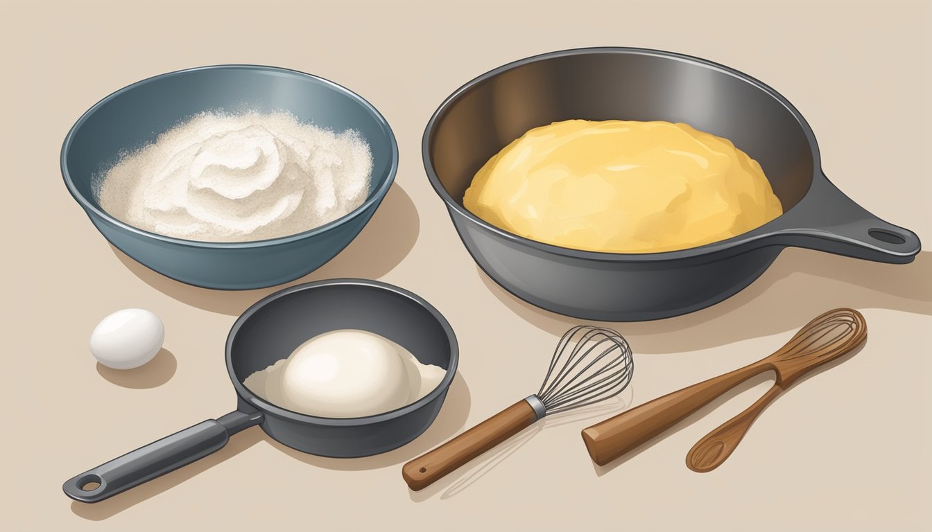 A mixing bowl with eggs, flour, and chocolate; a whisk and a spatula on the counter; a cake pan lined with parchment paper