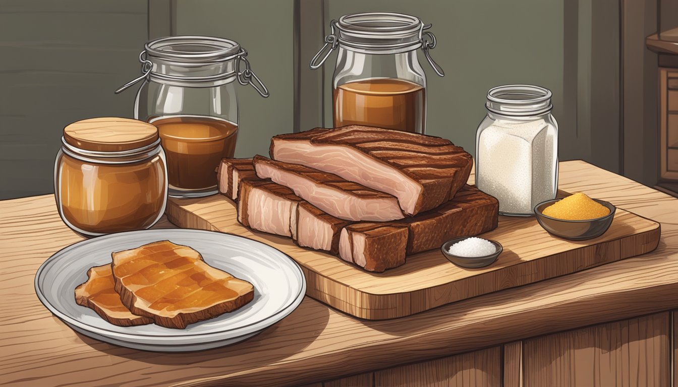 A rustic kitchen counter with a wooden cutting board, a slab of pork belly, a bowl of salt, pepper, and brown sugar, and a jar of maple syrup