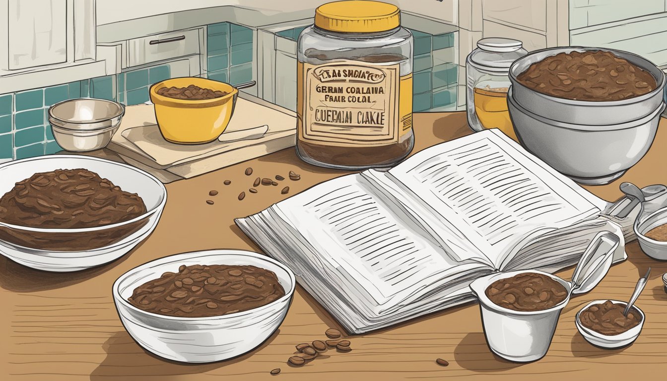 A kitchen counter with ingredients, mixing bowls, and a recipe book open to the page for Texas German chocolate cake