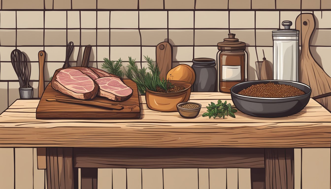 A rustic kitchen with a wooden butcher block, spices, and a slab of pork belly ready for curing