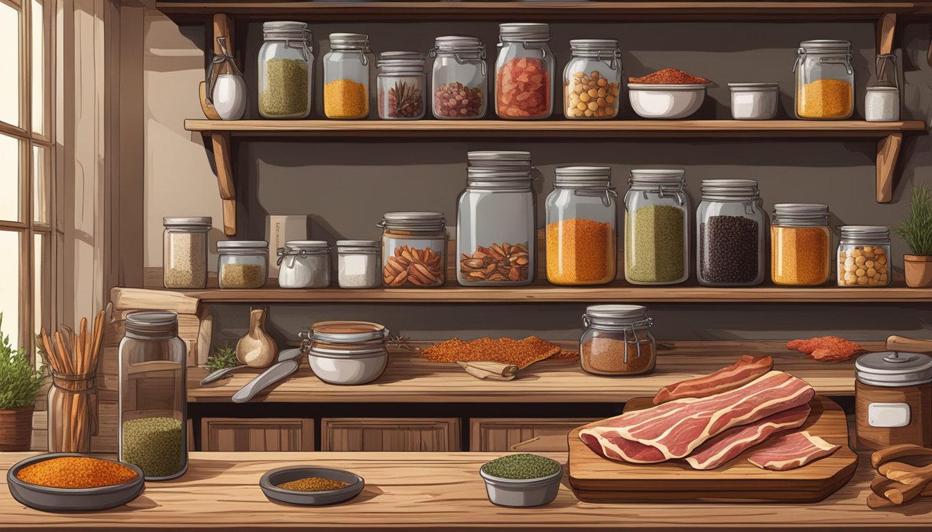 A rustic kitchen with a wooden table holding a slab of raw bacon, surrounded by jars of spices and curing ingredients