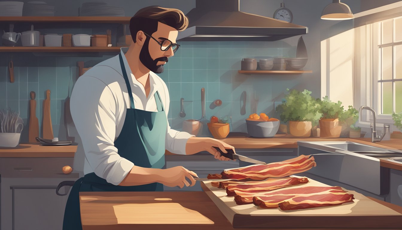 A person in a kitchen, using a large knife to slice a slab of bacon, with a smoker in the background emitting smoke