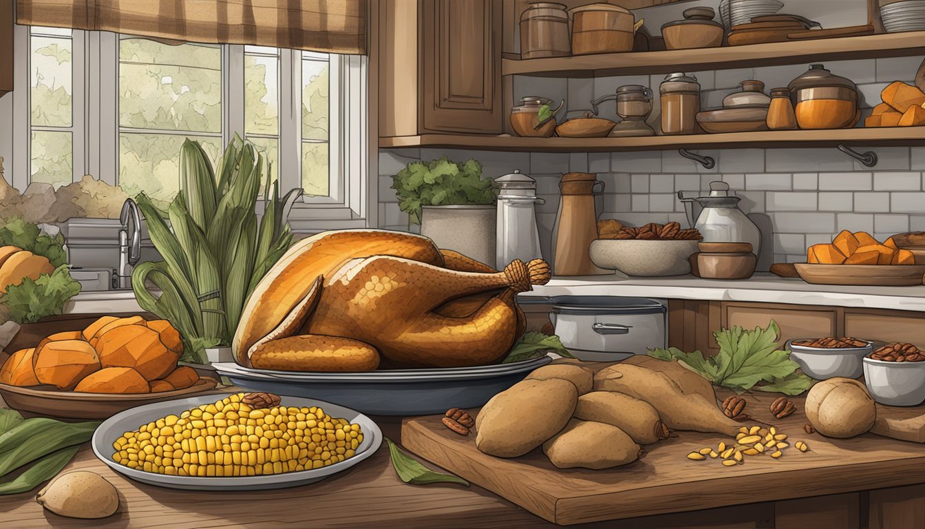 A rustic kitchen filled with Texan ingredients like corn, pecans, and sweet potatoes. A large turkey sits on the counter, ready to be seasoned and roasted