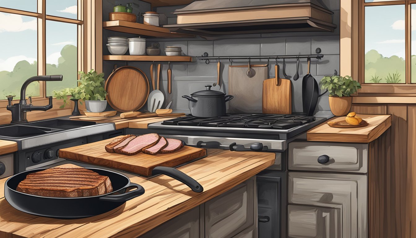 A rustic kitchen with a wooden cutting board, a slab of pork belly, a bowl of dry rub, and a cast iron skillet on a stove