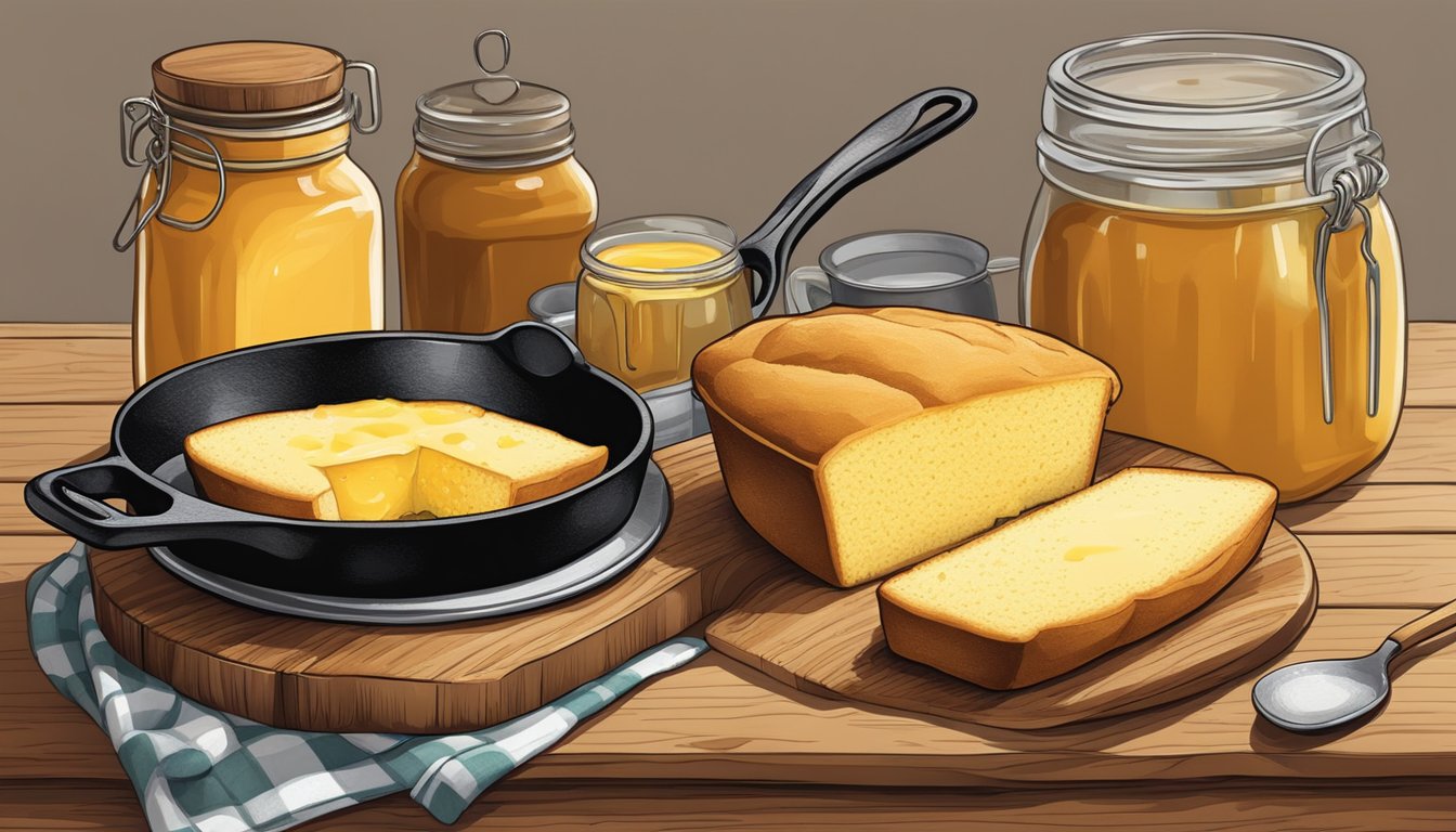 A rustic kitchen table set with a cast iron skillet of golden cornbread, a jar of honey, and a pat of melting butter