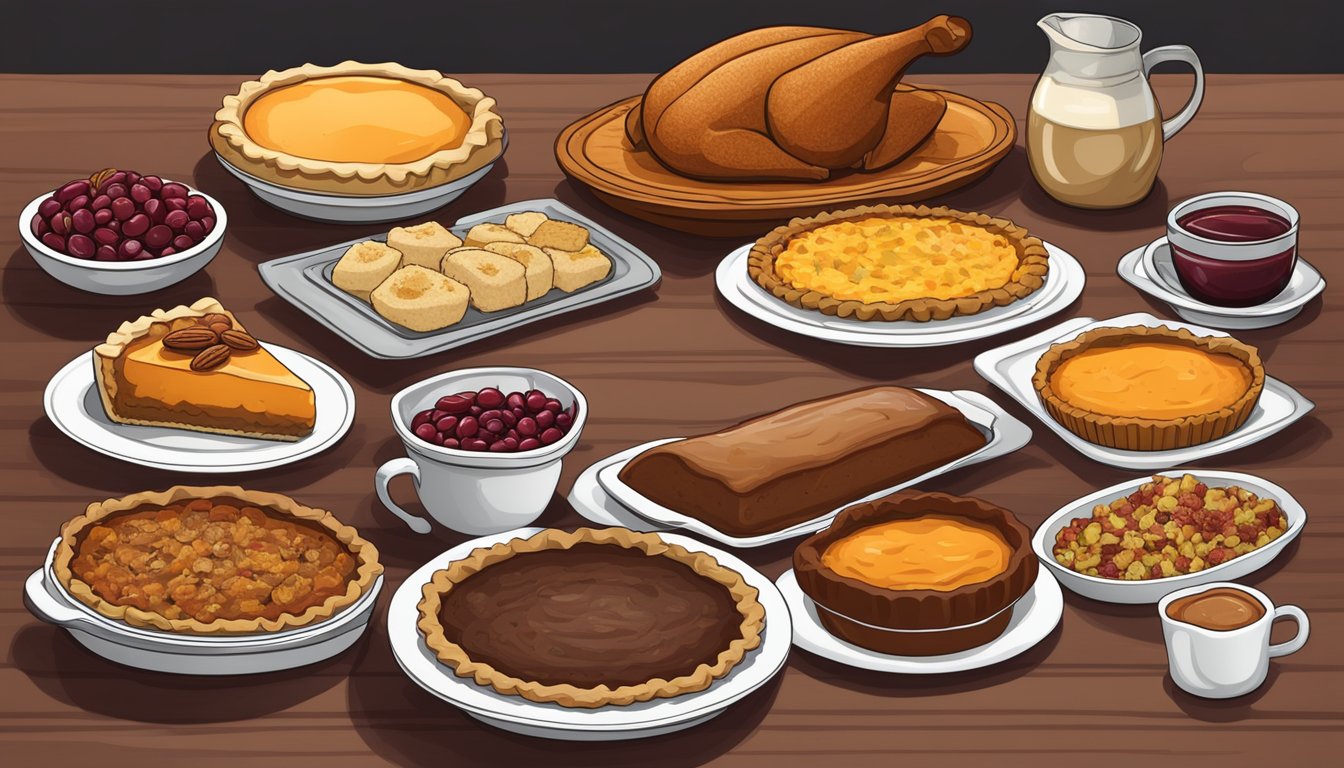 A table set with pecan pie, pumpkin pie, and sweet potato casserole alongside roasted turkey, cornbread stuffing, and cranberry sauce