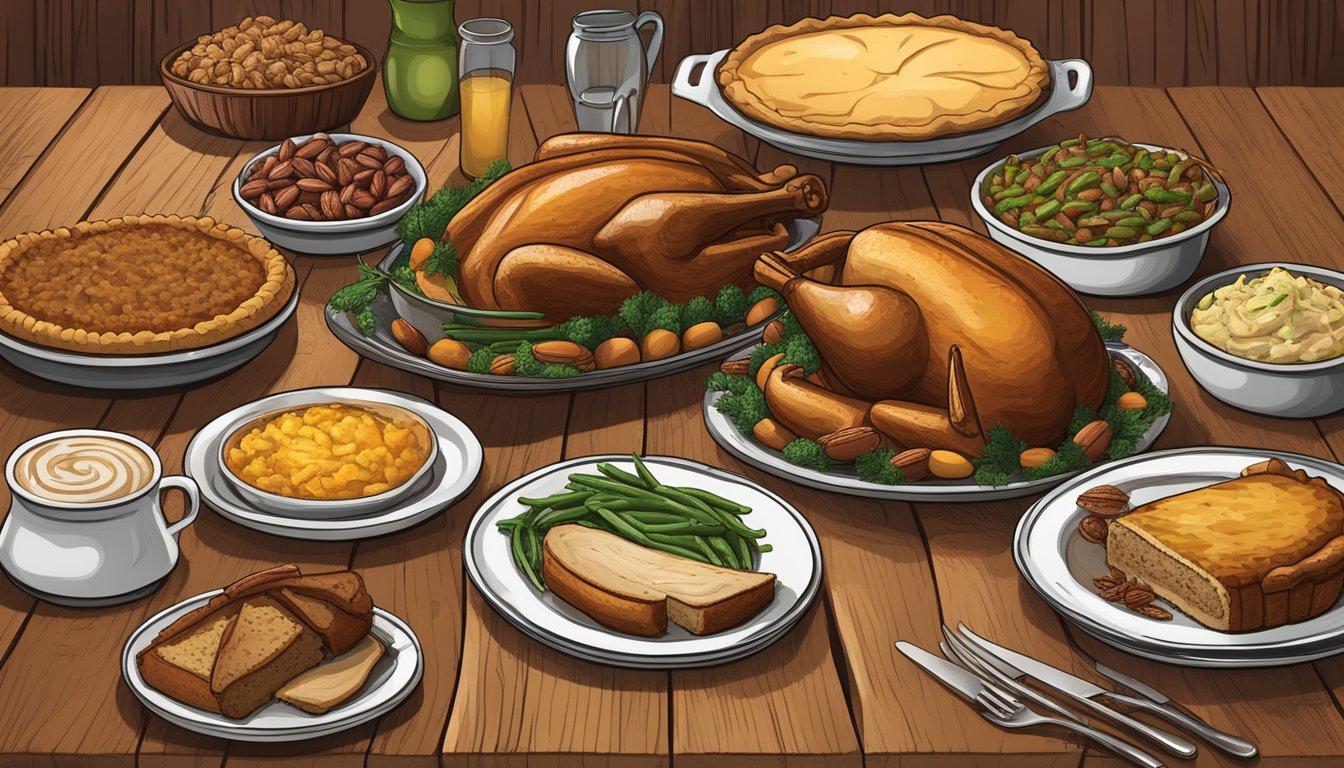 A rustic wooden table set with classic Texas Thanksgiving dishes, including smoked turkey, cornbread stuffing, green bean casserole, and pecan pie