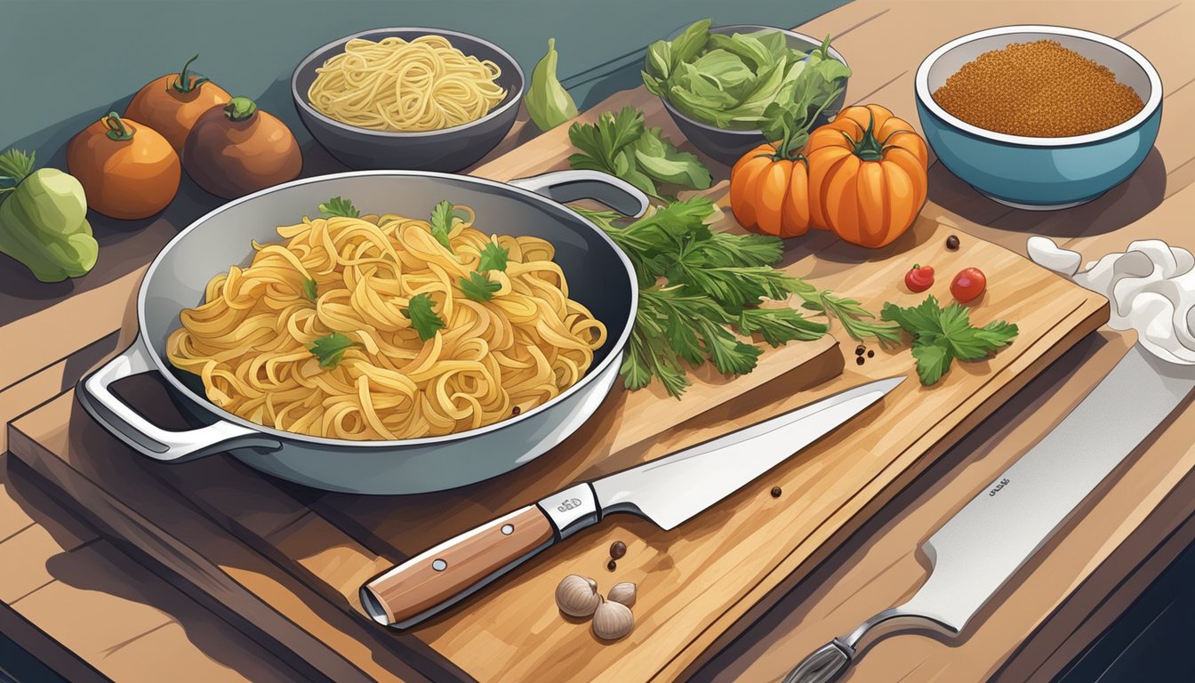 A kitchen counter with a cutting board, knife, pot, colander, pasta, vegetables, and spices