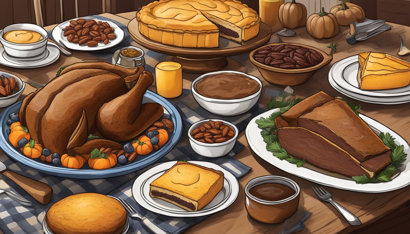 A table set with Texas-themed decorations, featuring a traditional Texas Thanksgiving dinner spread of smoked brisket, cornbread, sweet potatoes, and pecan pie