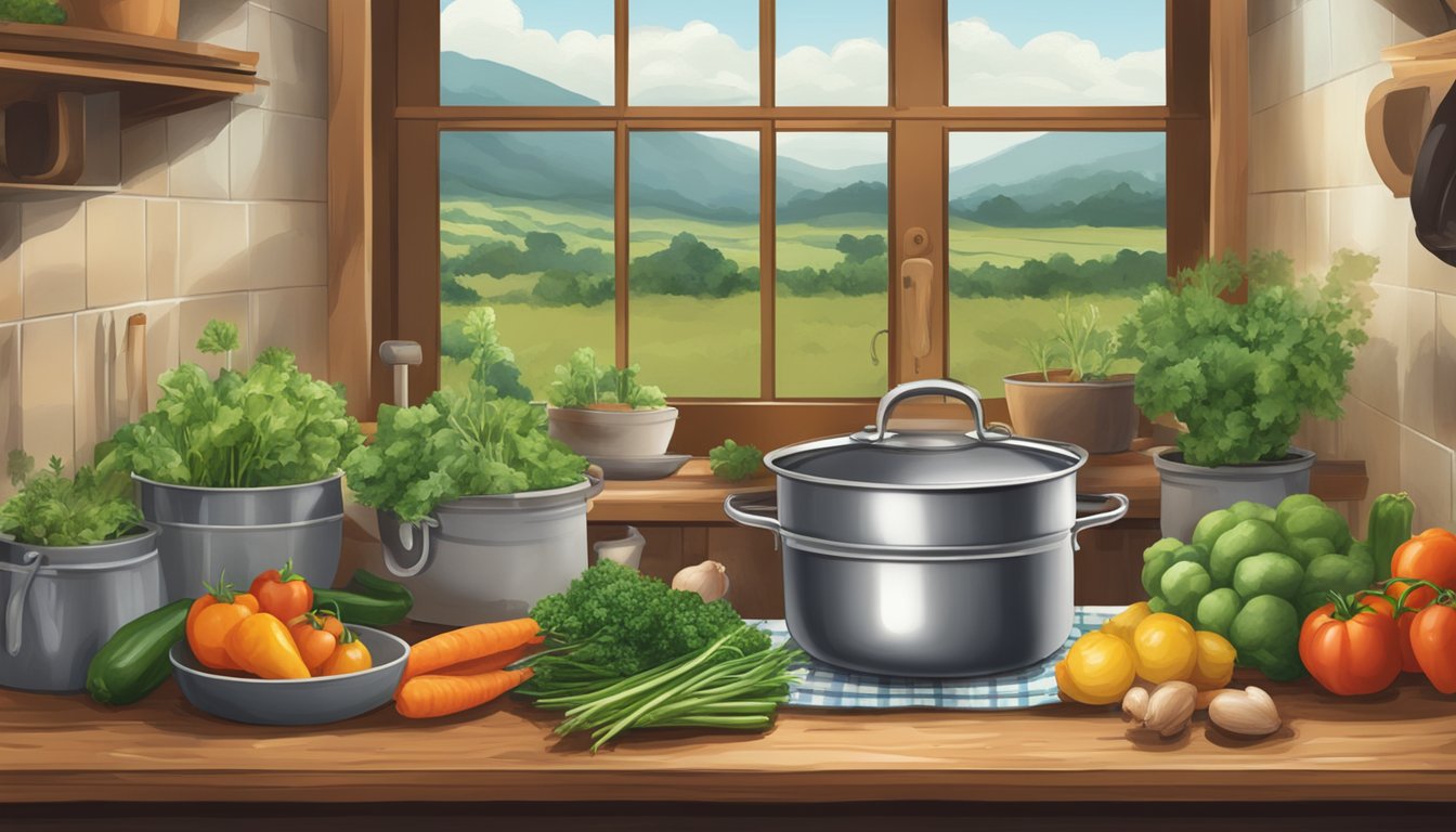 A rustic kitchen with fresh vegetables, herbs, and a pot of boiling water, surrounded by a Texas landscape