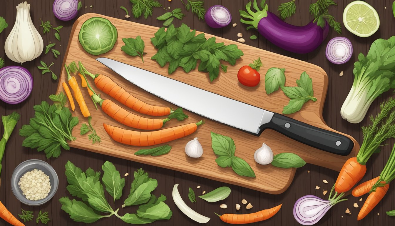 Fresh vegetables being sliced and diced on a wooden cutting board, surrounded by herbs and spices