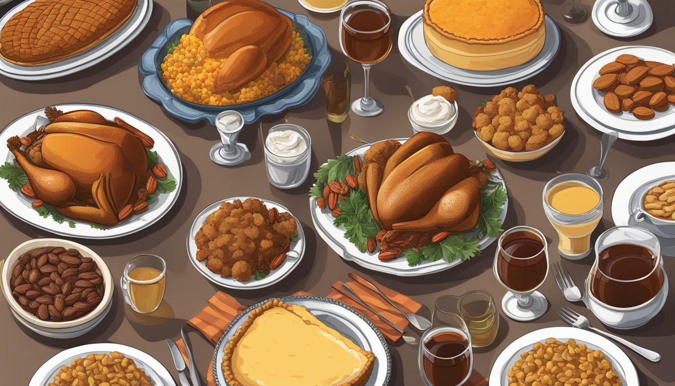 A table set with a spread of traditional Texas Thanksgiving dishes, including turkey, cornbread stuffing, sweet potato casserole, and pecan pie, with various drinks such as sweet tea, beer, and wine