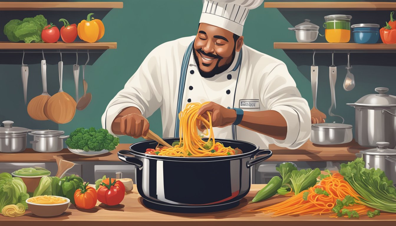 A chef stirring a pot of colorful vegetables and pasta in a rich, tangy Texas-style sauce