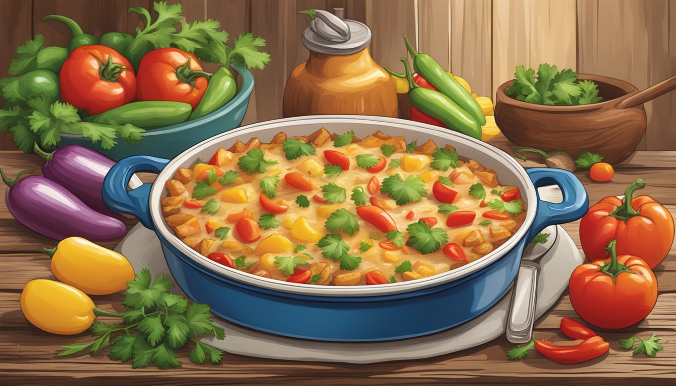 A steaming hot king ranch chicken casserole sits on a rustic wooden table, surrounded by colorful fresh ingredients like tomatoes, bell peppers, and cilantro