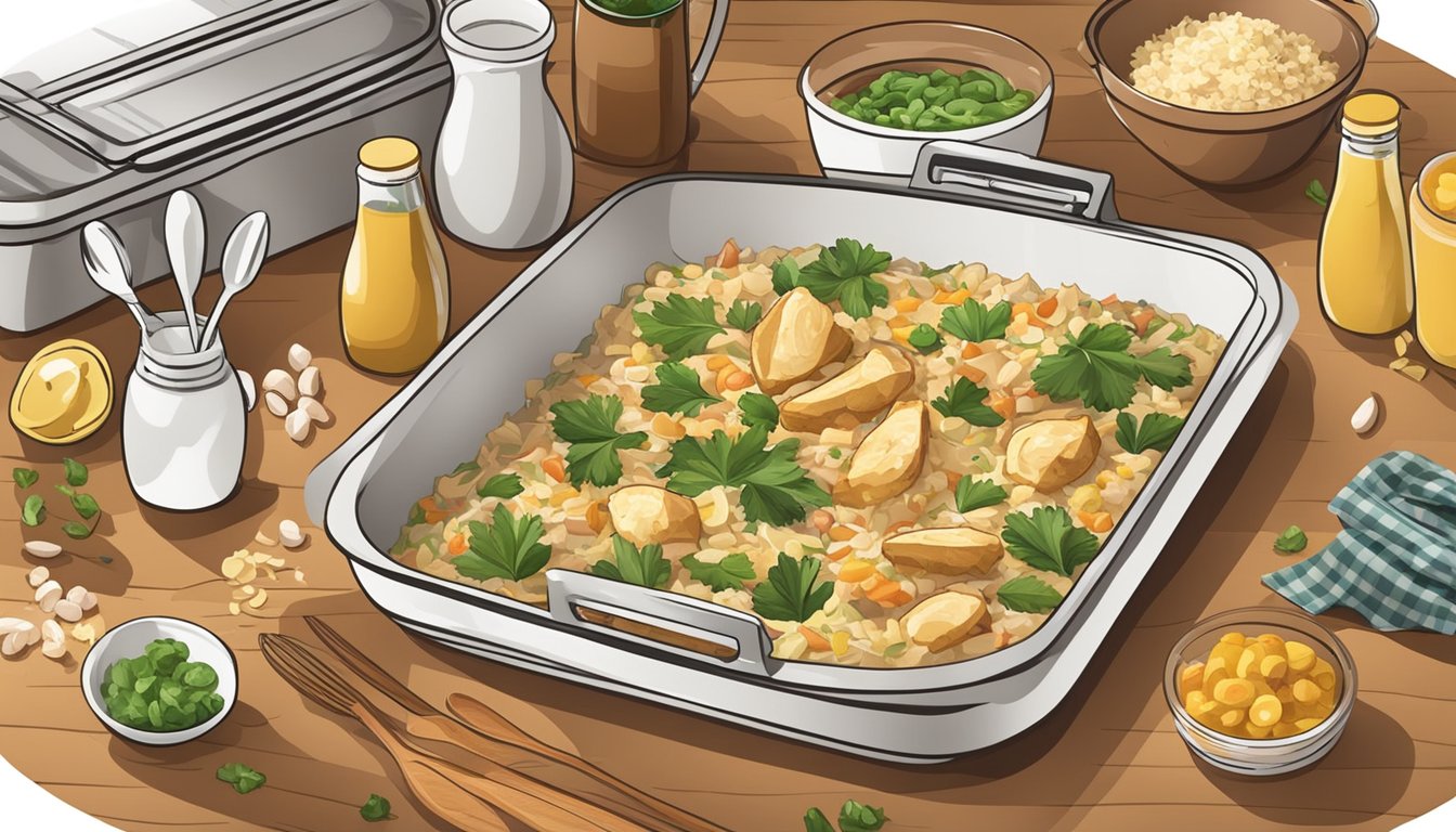 A kitchen counter with ingredients and utensils for making king ranch chicken casserole