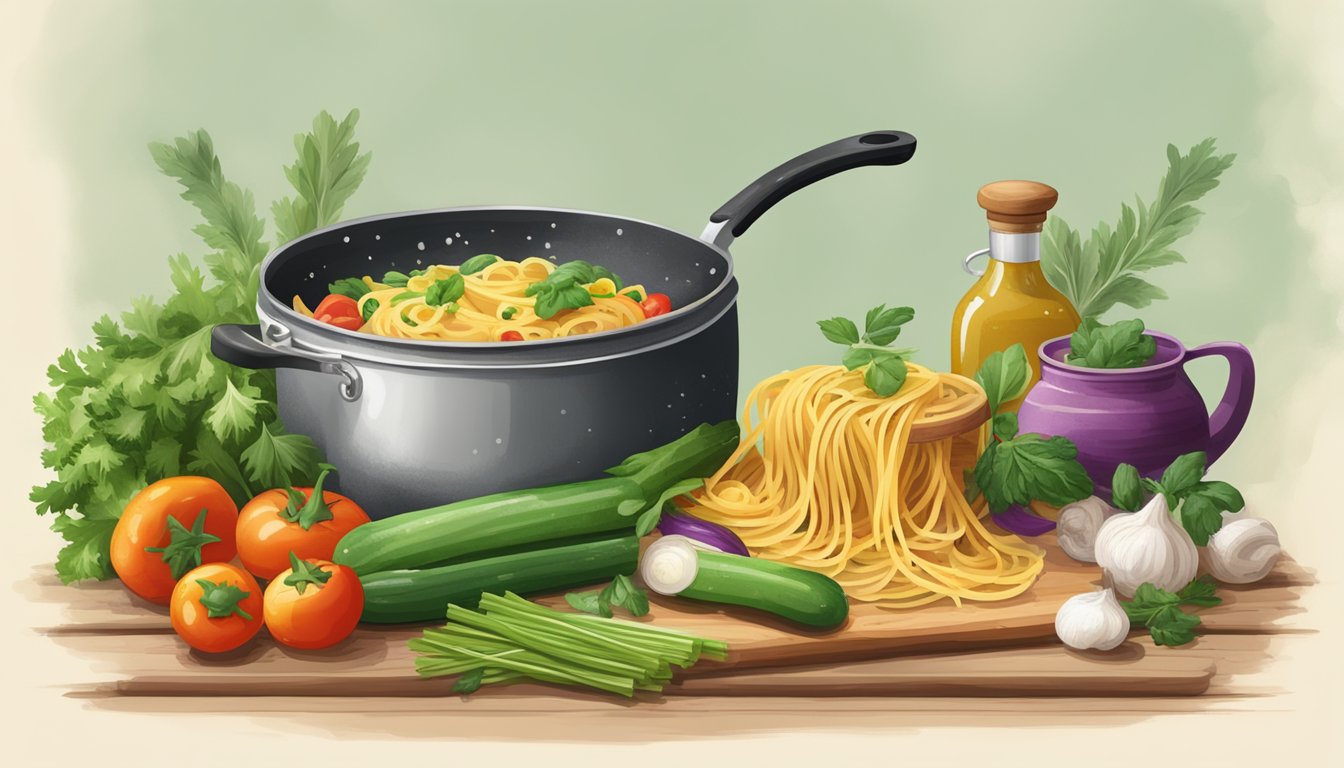 A rustic kitchen counter with a steaming pot of Texas-style pasta primavera, surrounded by fresh vegetables and herbs